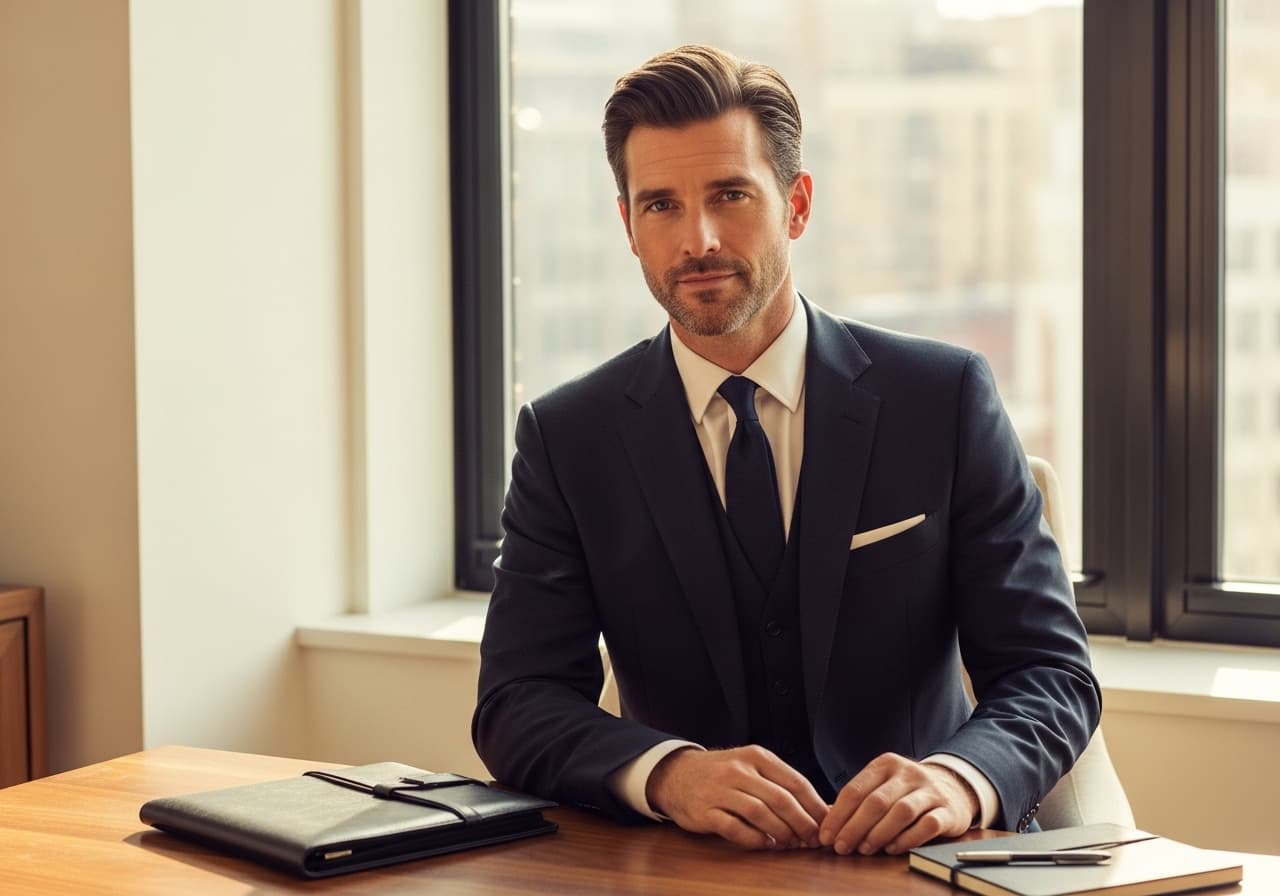 A corporate consultant in a tailored suit at a walnut desk by a Manhattan window