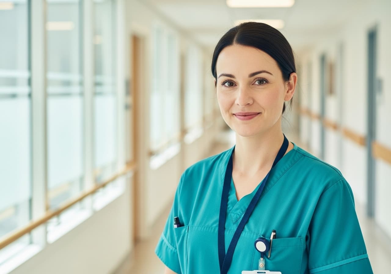 A traveling registered nurse in teal scrubs in a hospital corridor