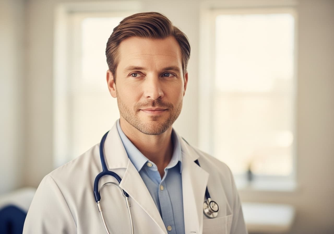 A physician in a white coat with a stethoscope in a sunlit consultation room