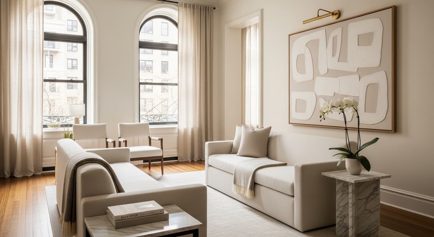 A sun-lit luxury furnished Manhattan apartment living room