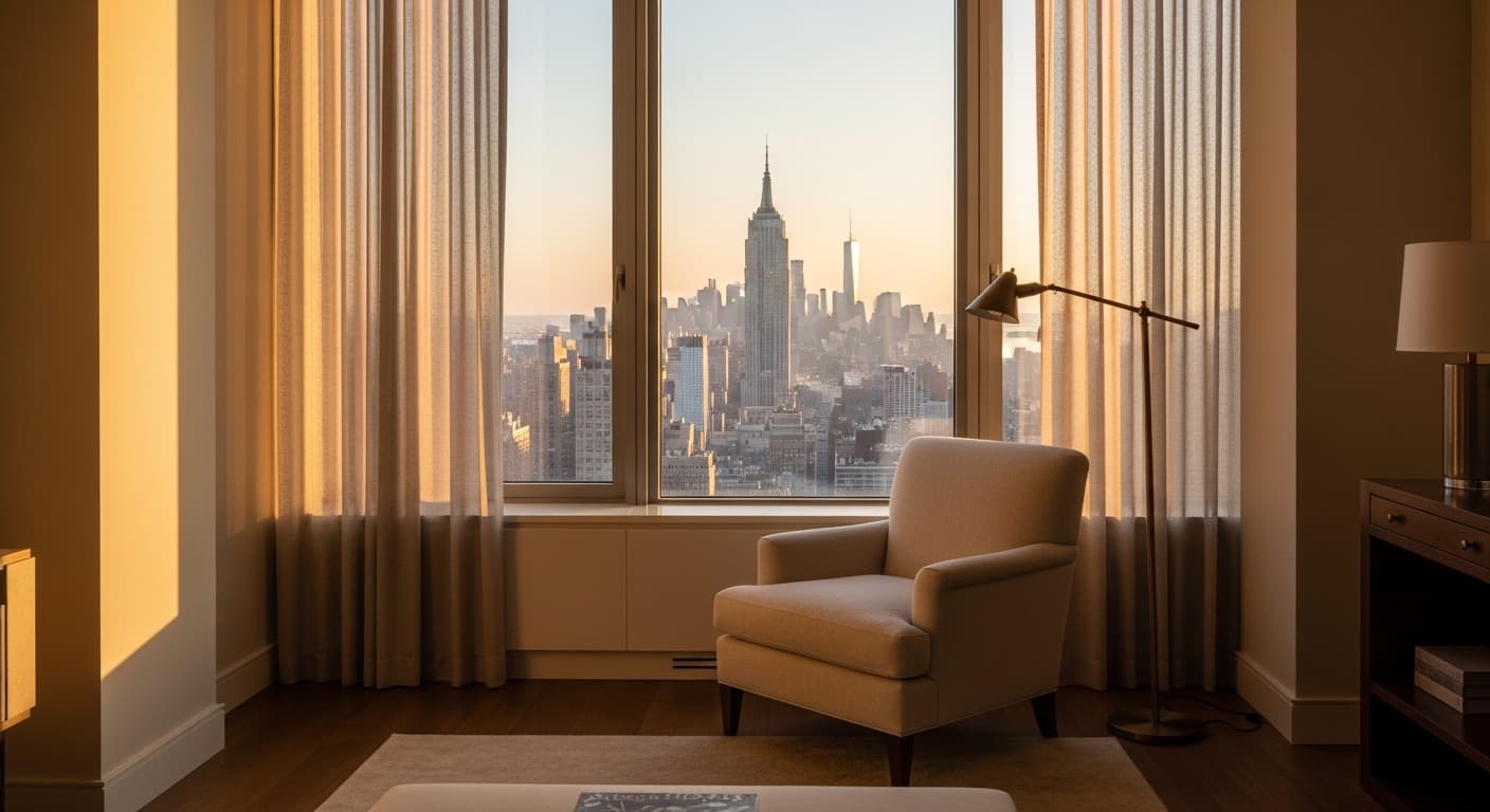 Golden-hour Manhattan skyline framed by linen curtains in a luxury apartment
